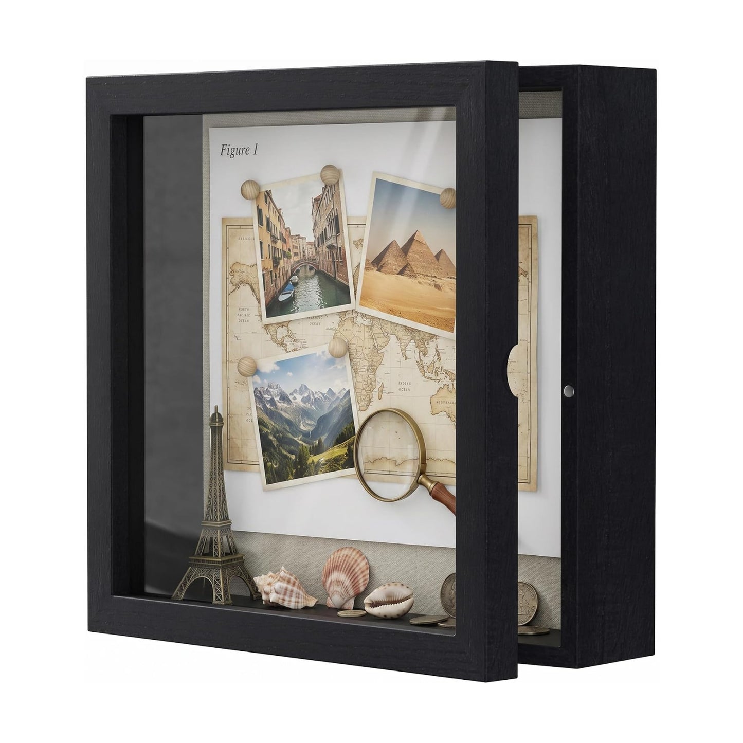 Love-KANKEI Deep Shadow Box 11x11,Solid Wood Frame,Memory Box,Rustic Black | Front-Opening Glass Magnetic Door,Linen