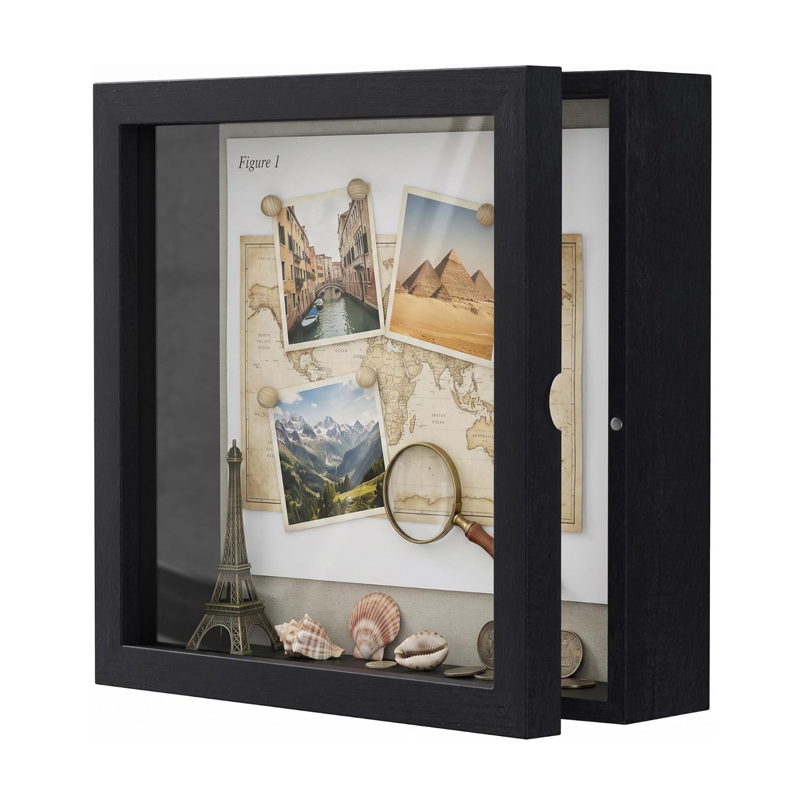 Love-KANKEI Deep Shadow Box 11x11,Solid Wood Frame,Memory Box,Rustic Black | Front-Opening Glass Magnetic Door,Linen