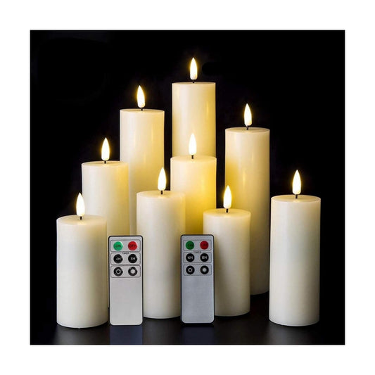 Ivory Tall Flameless LED Pillar Candles with Remote Set of 9 | 2 AA Battery Operated, Fireplace Candles Wedding Home
