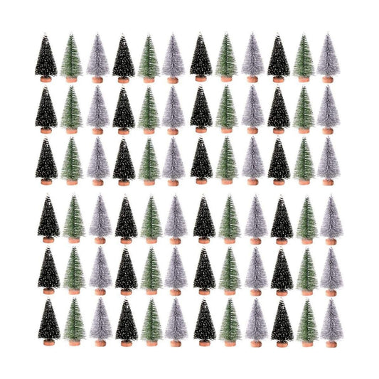 60 Pcs Mini Christmas Trees DIY Xmas Bottle Brush Trees Miniature Sisal Snow Frost Fir Small Artificial Trees Tabletop Trees with Wooden Bases Micro Scenery Landscape Trees for Christmas Party Decor