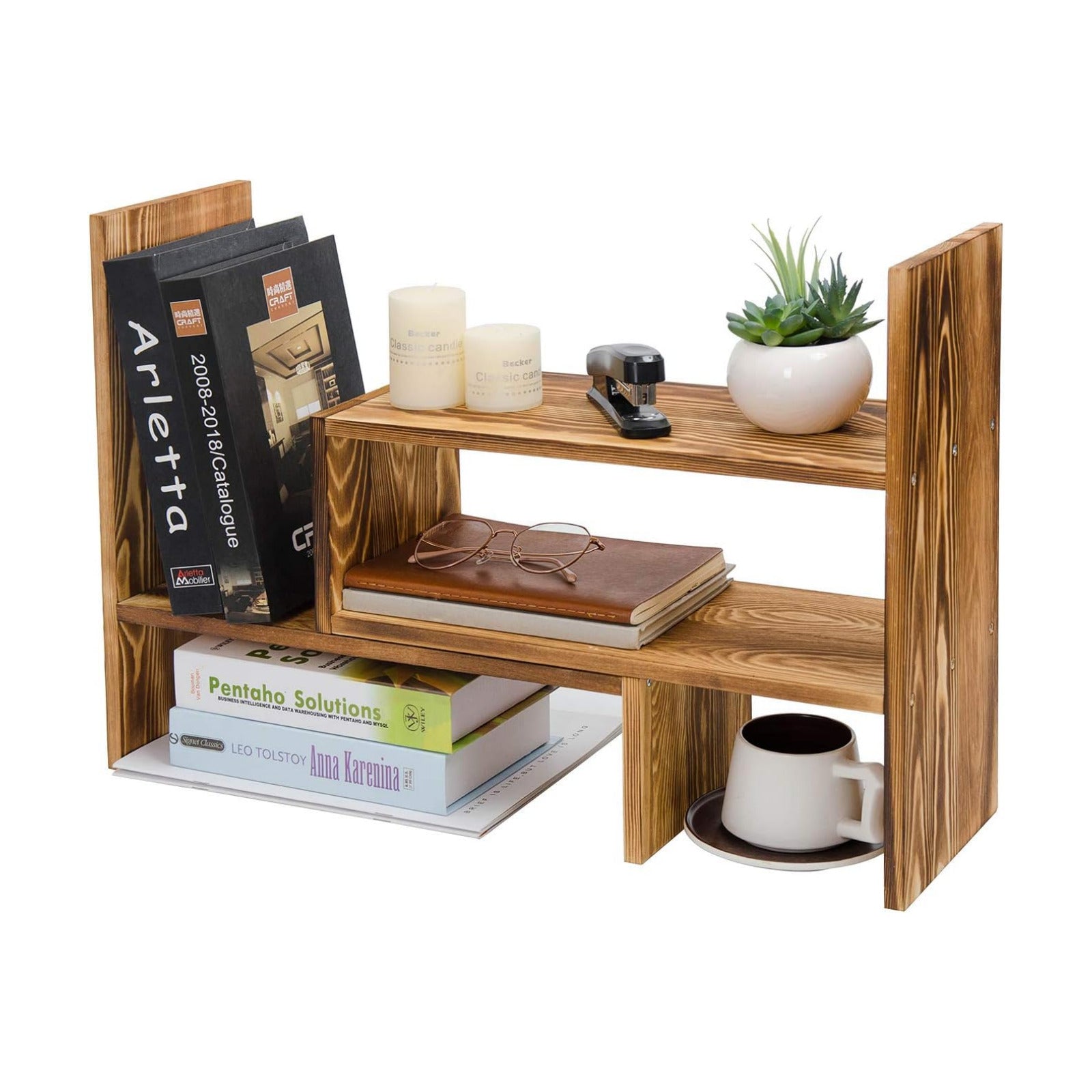 Adjustable Extendable Natural Wood Desktop Organizer Caddy Desk Organizer Countertop Shelf Bookcase Display Stand Rack