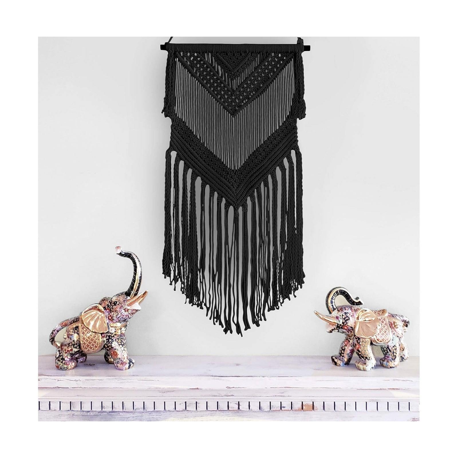 Boho Macrame Woven Wall Hanging / Black / 16 x 36