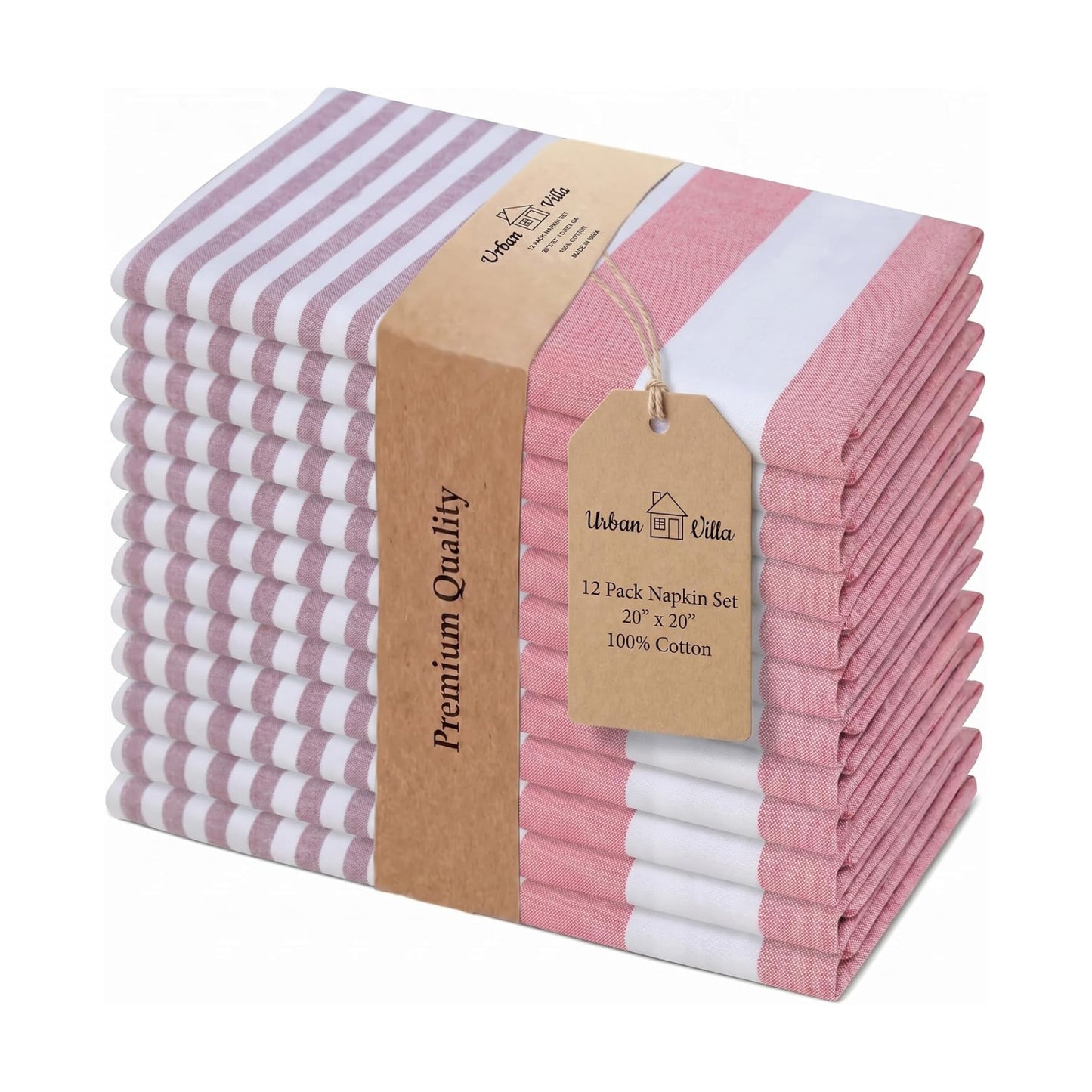 Urban Villa Cloth Napkins Cotton 20x20 (Set of 12) Garnet Red Stripes