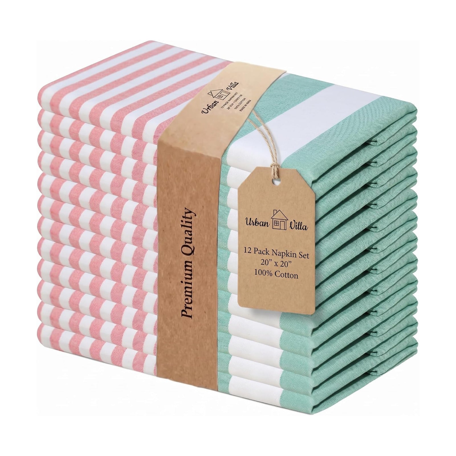 Urban Villa Cloth Napkins Cotton 20x20 (Set of 12) Ruby Green Stripes