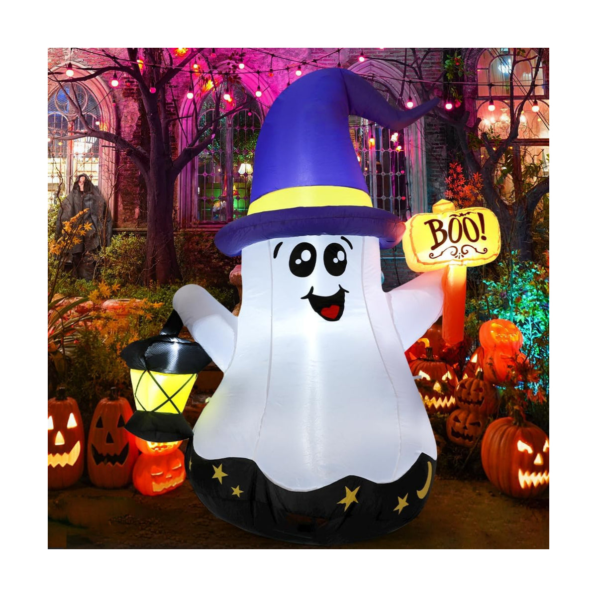 GOOSH 5 FT Halloween Inflatables Ghost Outdoor Decorations Blow Up Yard Cute Wizard Ghost with Hand-Held Light with Built-in LEDs for Garden Lawn Indoor Party Decor