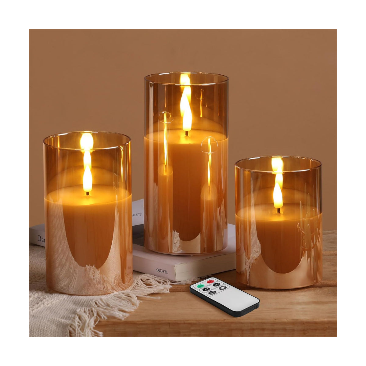 Eywamage Gold Glass Flameless Pillar Candles with Remote, Flickering Fall LED Candles Battery Operated Set of 3