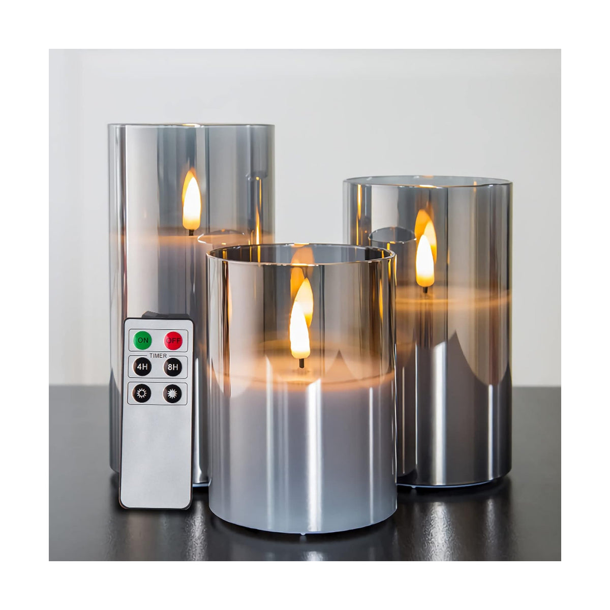 Eywamage Smoke Grey Glass Flameless Pillar Candles with Remote, Flickering LED Battery Candles Table Decor Set of 3