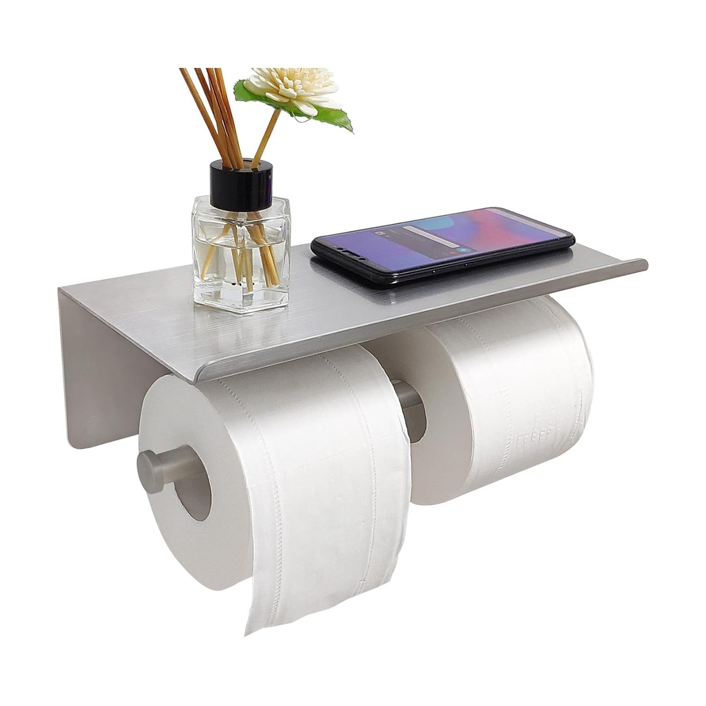 Large Double Toilet Paper Holder with Shelf, GZILA Dual Toilet Paper Rolls Holder Wall Mounted, Bathroom Mobile Phone