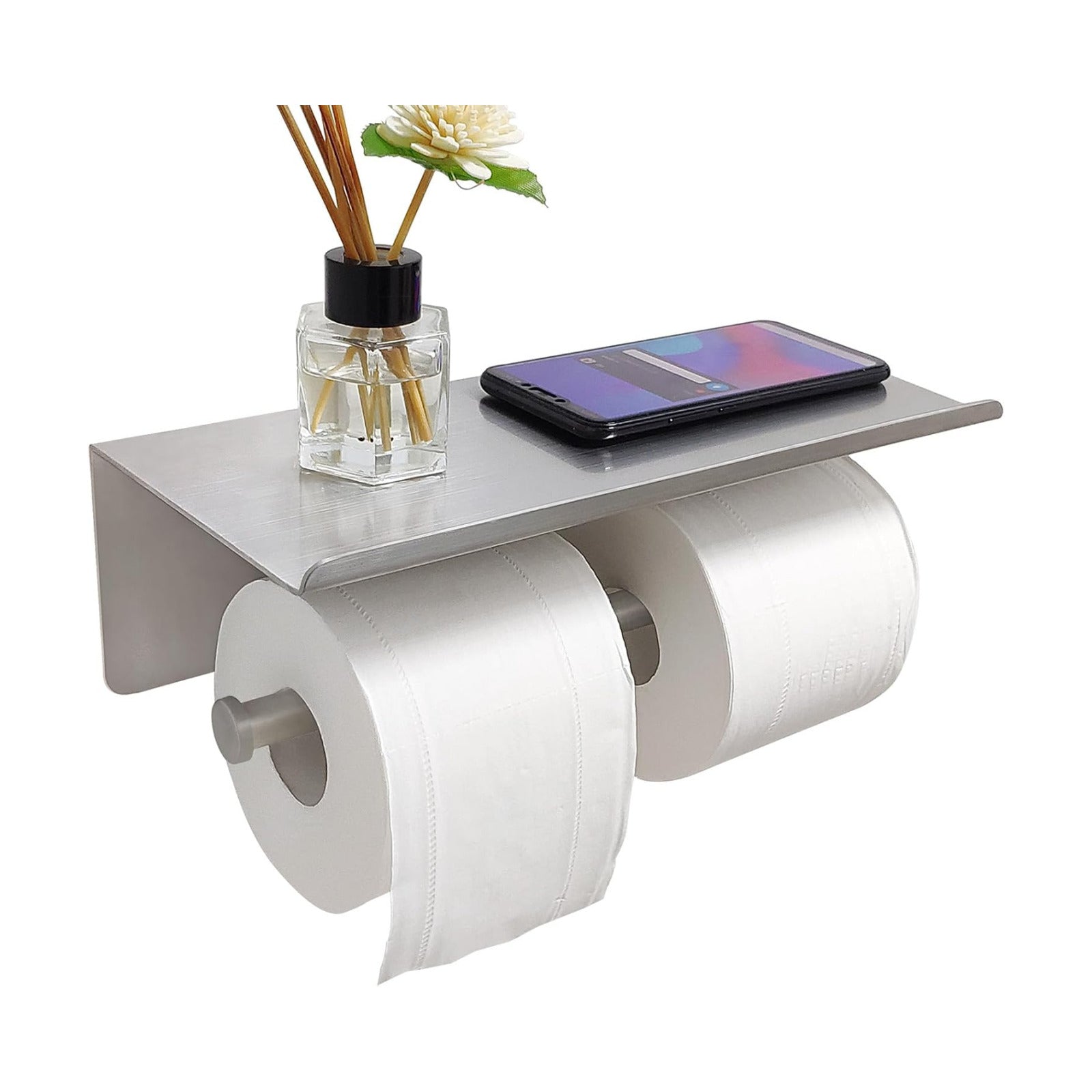 Large Double Toilet Paper Holder with Shelf, GZILA Dual Toilet Paper Rolls Holder Wall Mounted, Bathroom Mobile Phone