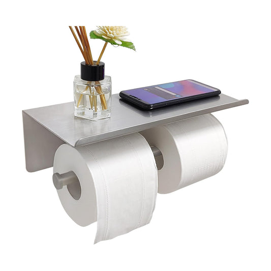 Large Double Toilet Paper Holder with Shelf, GZILA Dual Toilet Paper Rolls Holder Wall Mounted, Bathroom Mobile Phone