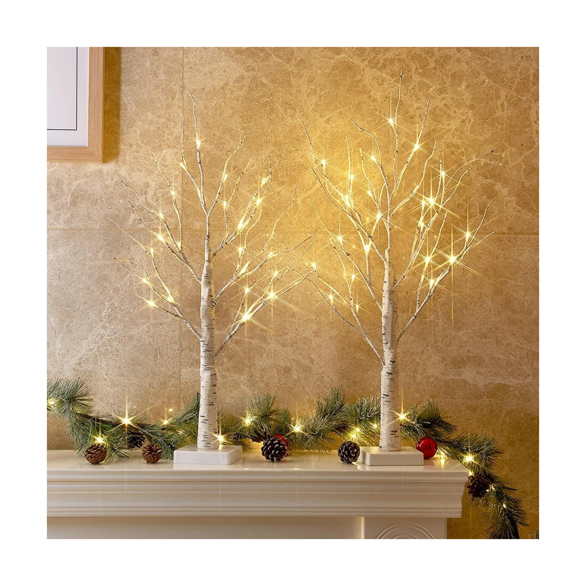 PEIDUO Christmas Decorations, 2FT Birch Tree with LED Lights, Warm White Light up Tree Lamp, Artificial Trees for Home Table Inside, Battery Powered, Timer (2PK)