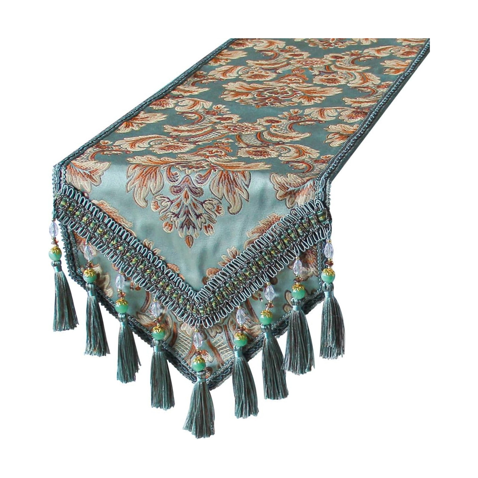 kilofly Elegant Floral Brocade Jacquard Table Runner Tassels (89 x 12 inches)