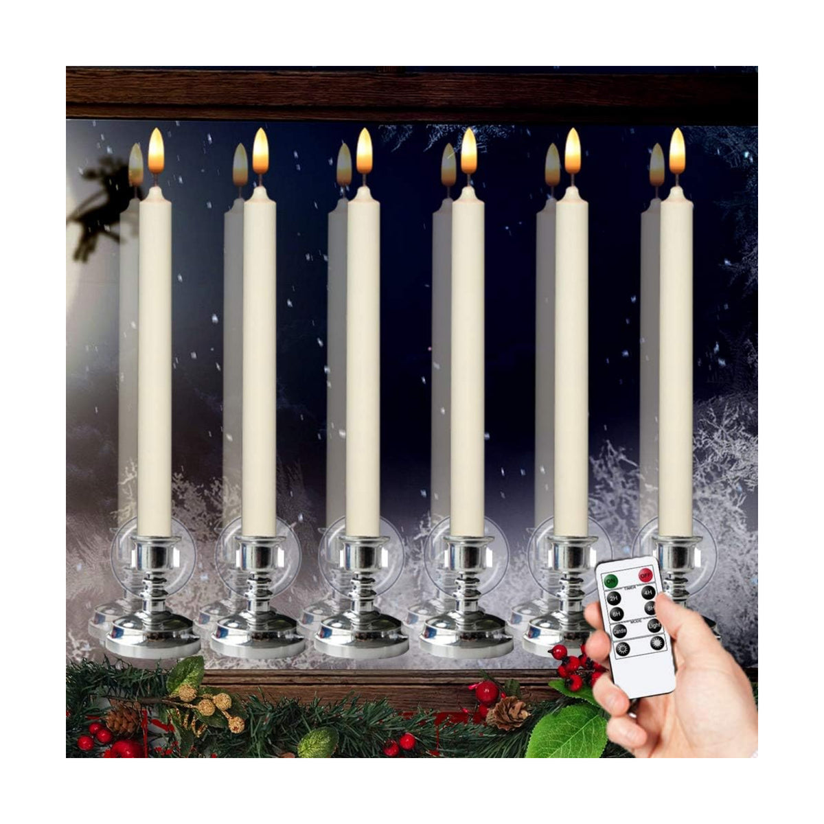 Wondise Flameless Window Candles with Remote & Timer, 10" Battery Operated 3D Wick LED Flickering Taper Candle for Christmas Decorations, Removable Silver Holder and Suction Cups Included(6 Pack)