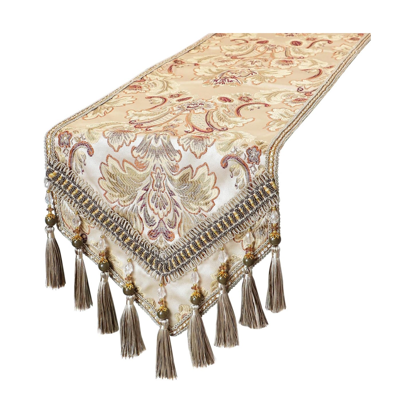 kilofly Elegant Floral Brocade Jacquard Table Runner Tassels (60 x 12 inches)
