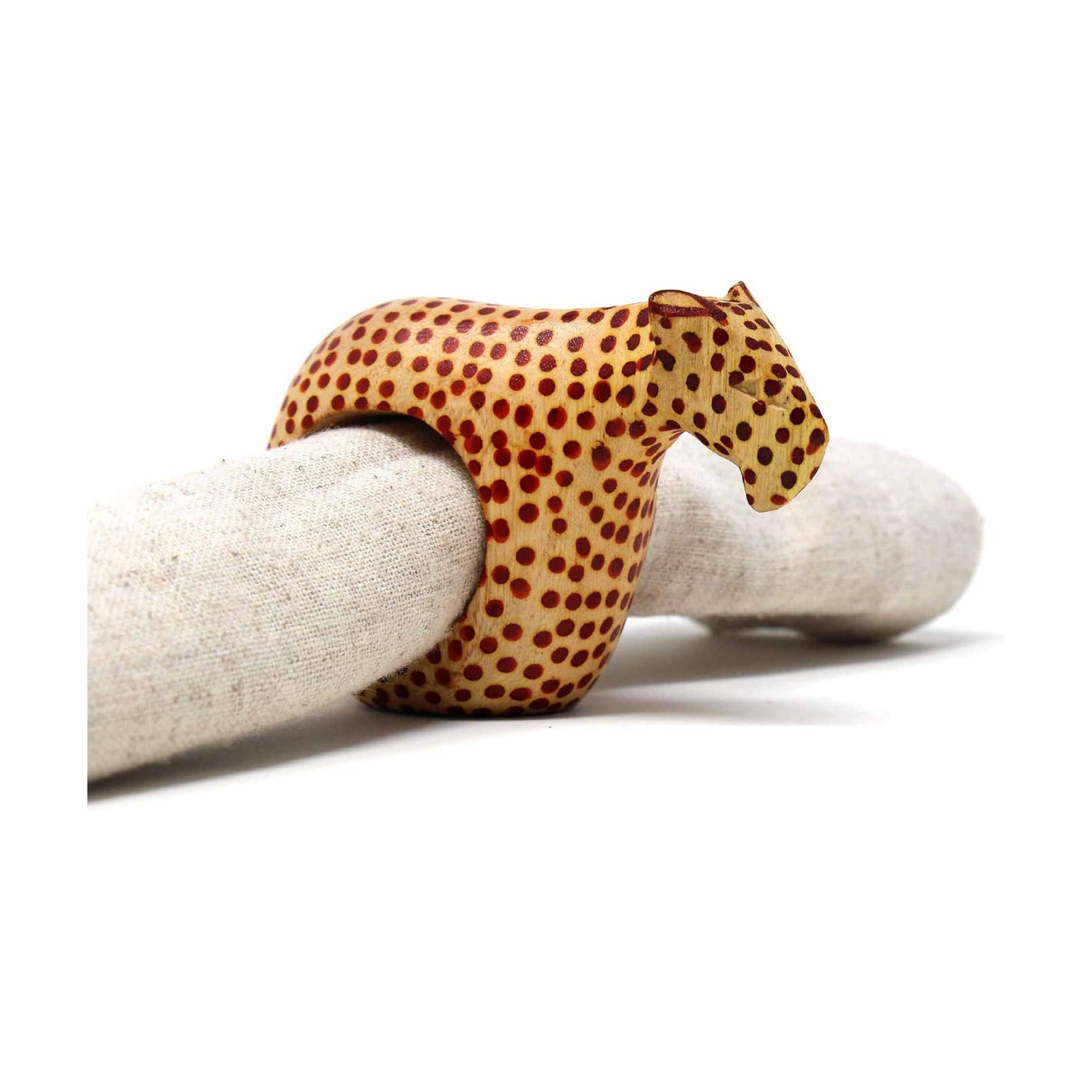Handcarved Mahogany Wooden Napkin Ring Holders / Cheetah / Set of 6