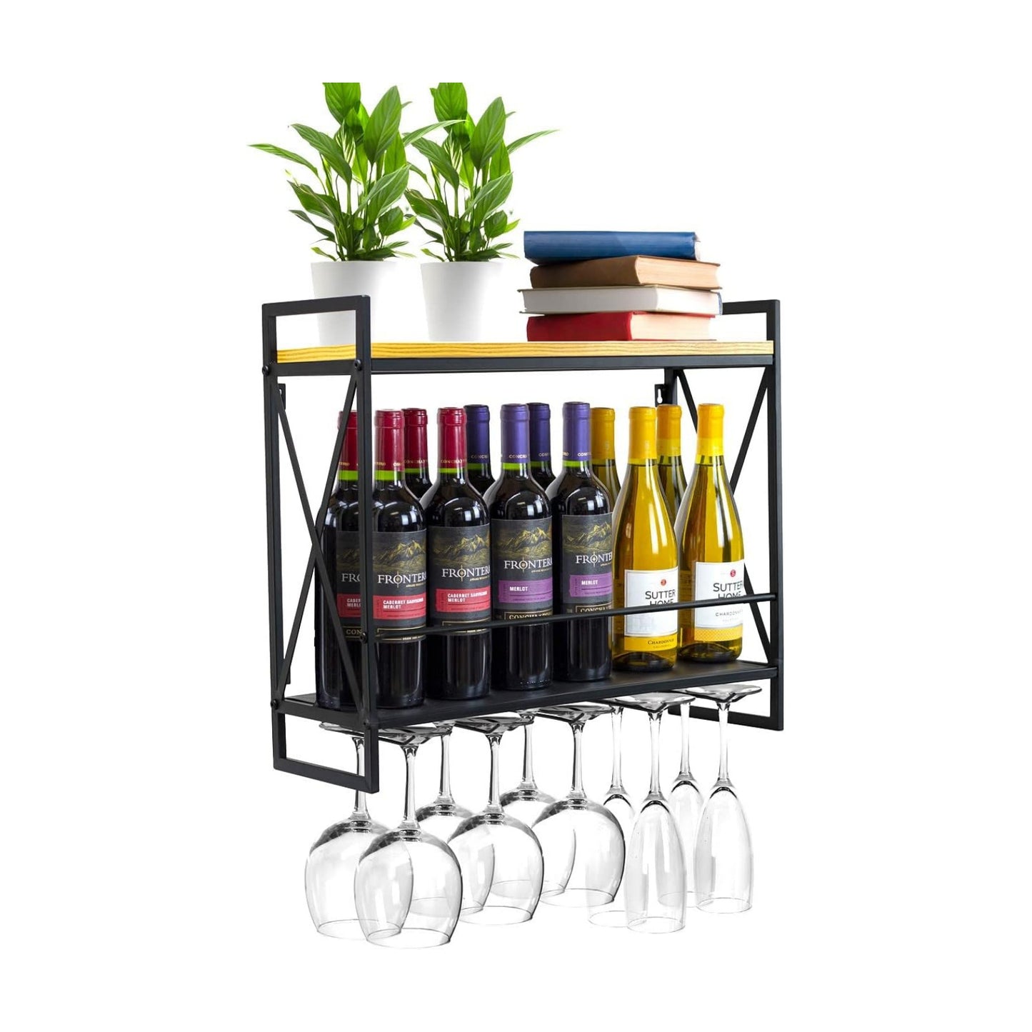 Sorbus Wine Bottle Stemware Glass Rack, Industrial 2-Tier Wood Shelf, Wall Mounted Wine Racks with 5 Stem Glass Holders