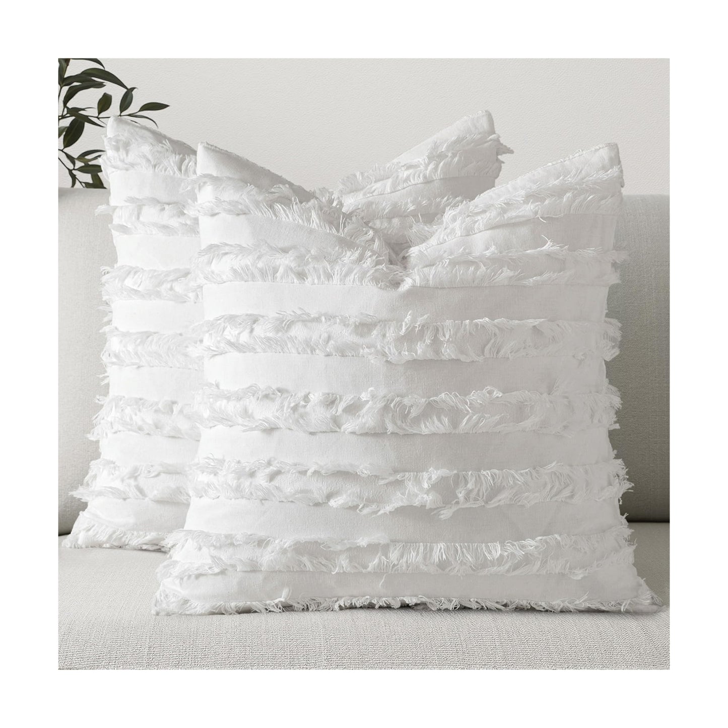 Decorative Boho Throw Pillow Covers Linen Striped Jacquard Pattern / 18 x 18 / White / Set of 2