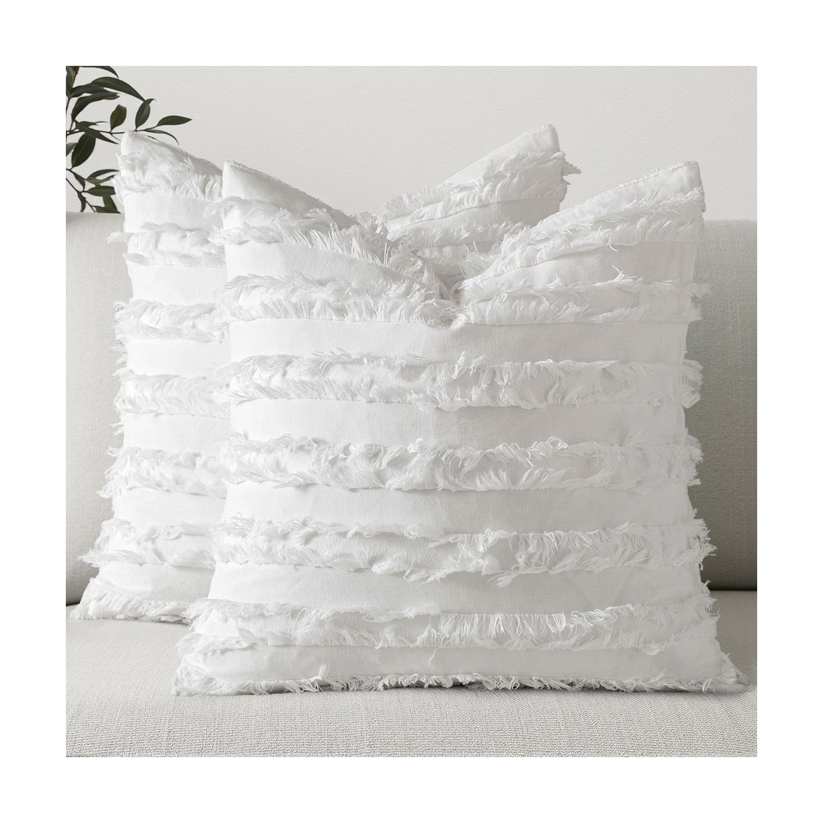 Decorative Boho Throw Pillow Covers Linen Striped Jacquard Pattern / 18 x 18 / White / Set of 2