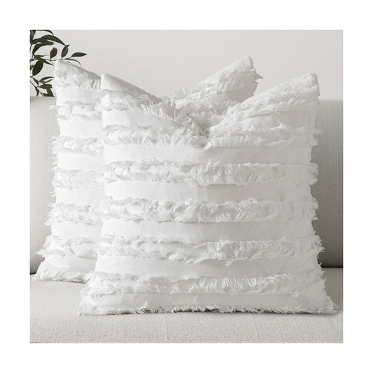 Decorative Boho Throw Pillow Covers Linen Striped Jacquard Pattern / 18 x 18 / White / Set of 2