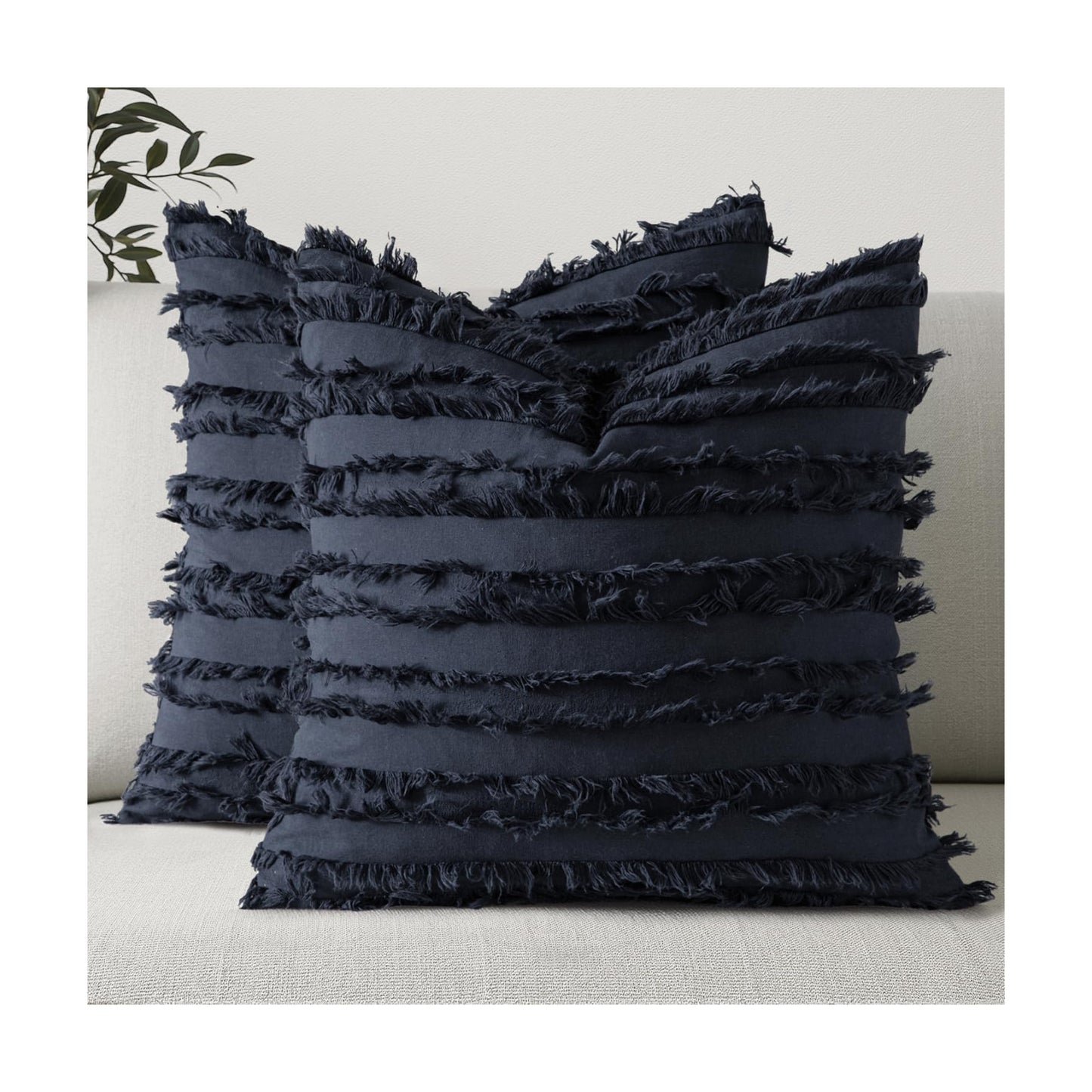 Decorative Boho Throw Pillow Covers Linen Striped Jacquard Pattern / 18 x 18 / Navy Blue / Set of 2