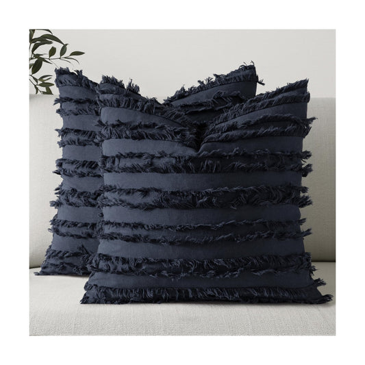 Decorative Boho Throw Pillow Covers Linen Striped Jacquard Pattern / 18 x 18 / Navy Blue / Set of 2
