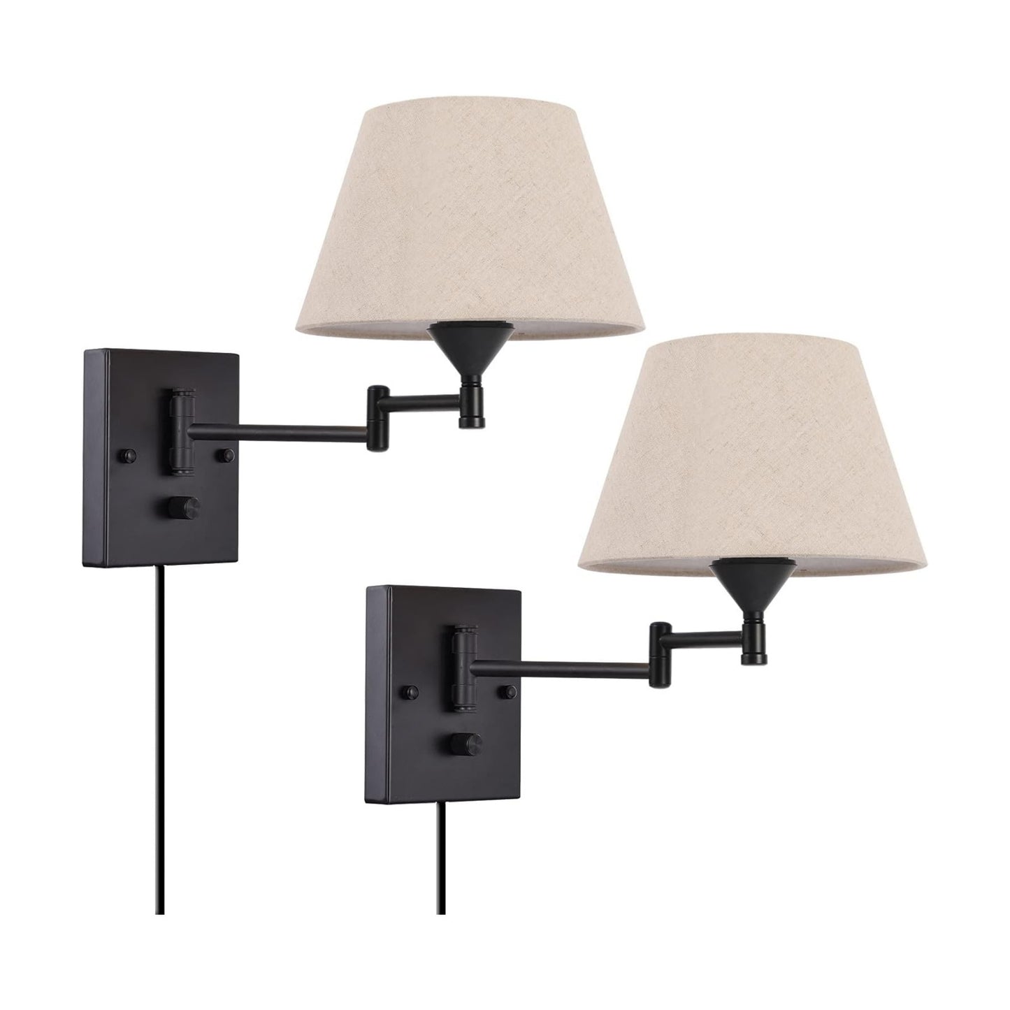 Pauwer Plug in Wall Sconce Set of 2, Swing Arm Wall Lamp (Beige Shade) | Fabric Shade, Wall Light Fixtures with Plug in