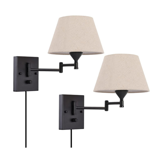 Pauwer Plug in Wall Sconce Set of 2, Swing Arm Wall Lamp (Beige Shade) | Fabric Shade, Wall Light Fixtures with Plug in