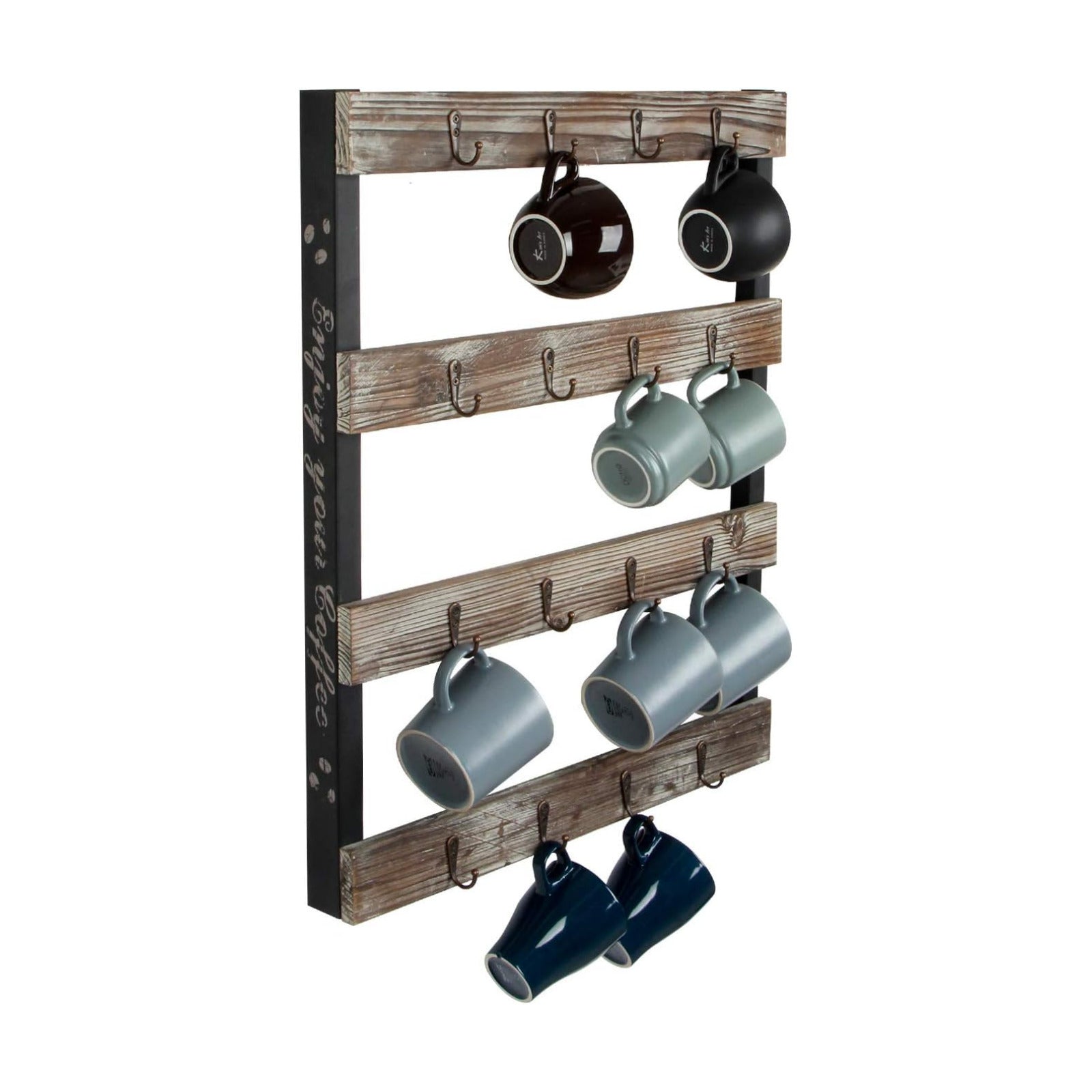J JACKCUBE DESIGN Coffee Mug Holder Wall Mounted Rustic Wood Cup Organizer with 16-Hooks Hanging Rack for Home, Kitchen