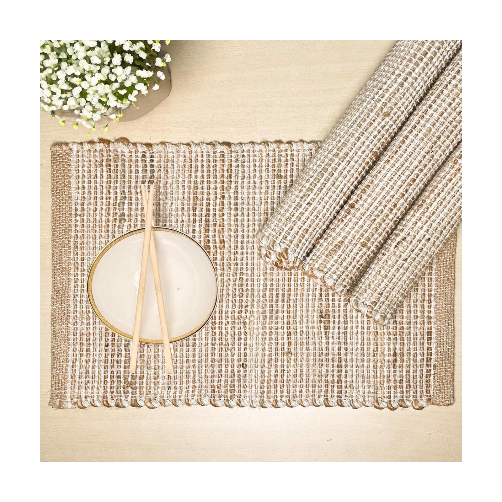 Natural Jute and Ivory Placemats, Set of 4 – Rustic Handmade Boho Table Mats, 13x19 Inch Dining Table Placemats for