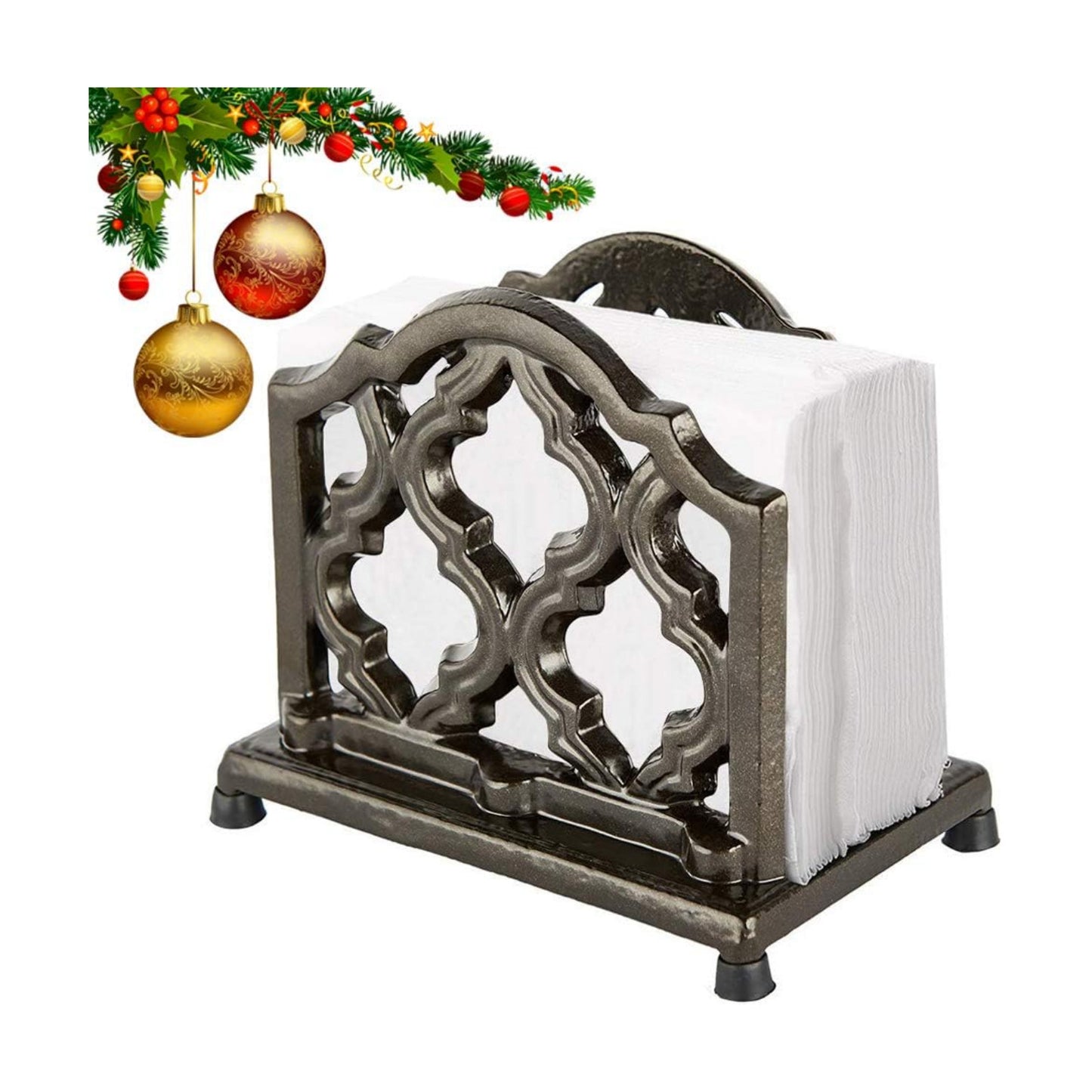 Vintage Metal Napkin Holder Cast Iron Napkin Holder Organizer / Coffee Gold / Quatrefoil Trellis