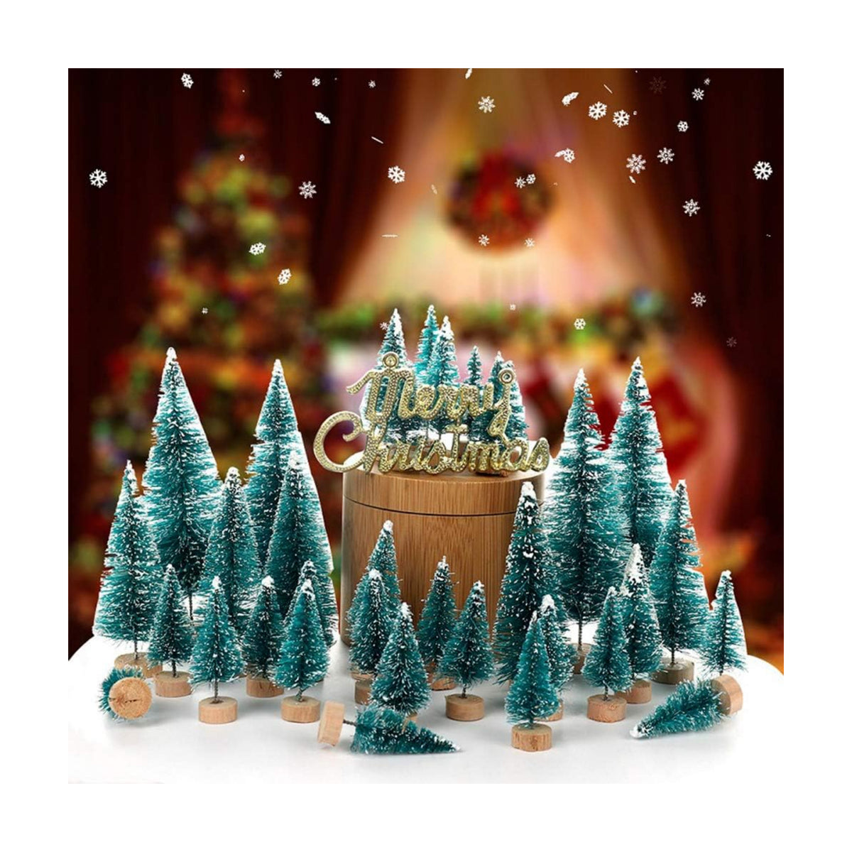 Orgrimmar 24 PCS Artificial Mini Christmas Trees Snow Frost Ornaments Bottle Brush Trees with Wooden Bases for Christmas Home Party Decoration, 6 Sizes