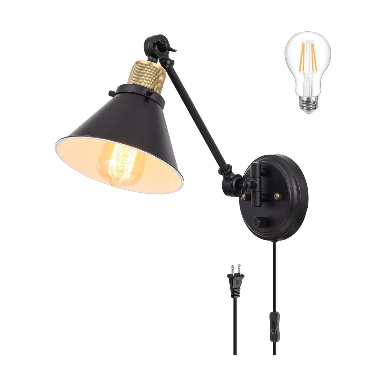 TRLIFE Wall Sconce Plug in, Dimmable Wall Sconce Wall Lights with Plug in Cord and Dimmer On/Off Knob Switch, Swing Arm
