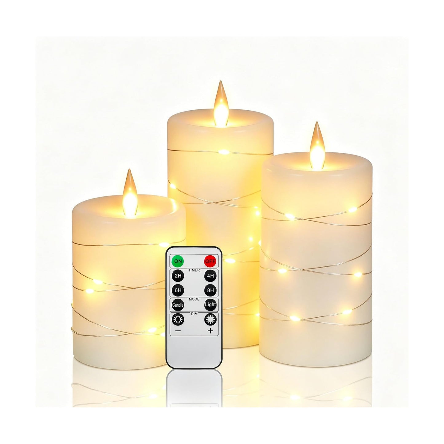 Da by 3 Pack Ivory Real Wax Flameless Taper Candles, Lifelike Flickering LED Flame Candles with Surrounding Copper