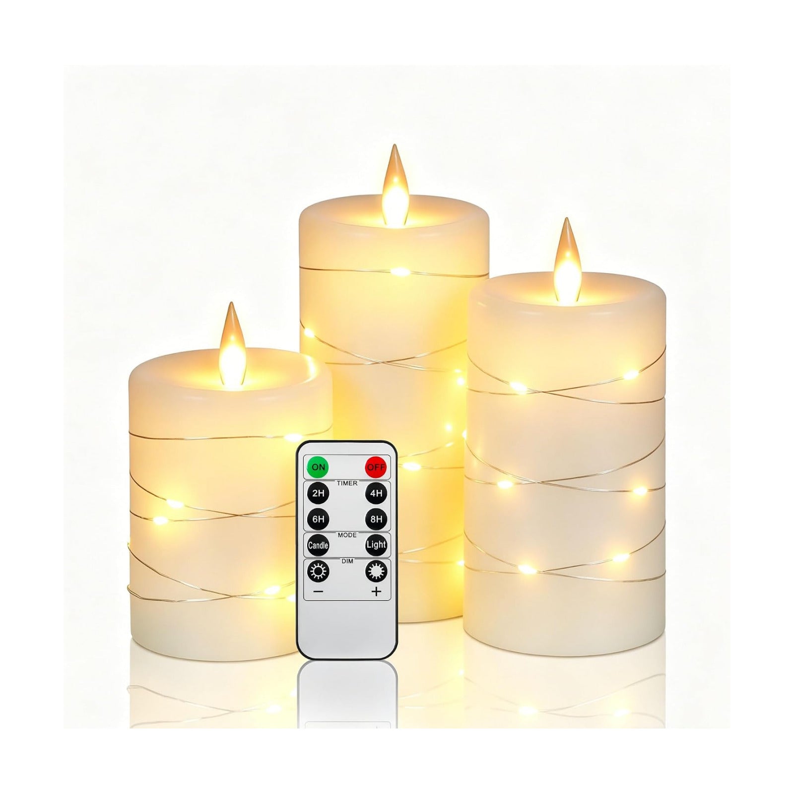 Da by 3 Pack Ivory Real Wax Flameless Taper Candles, Lifelike Flickering LED Flame Candles with Surrounding Copper