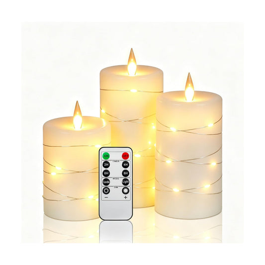 Da by 3 Pack Ivory Real Wax Flameless Taper Candles, Lifelike Flickering LED Flame Candles with Surrounding Copper