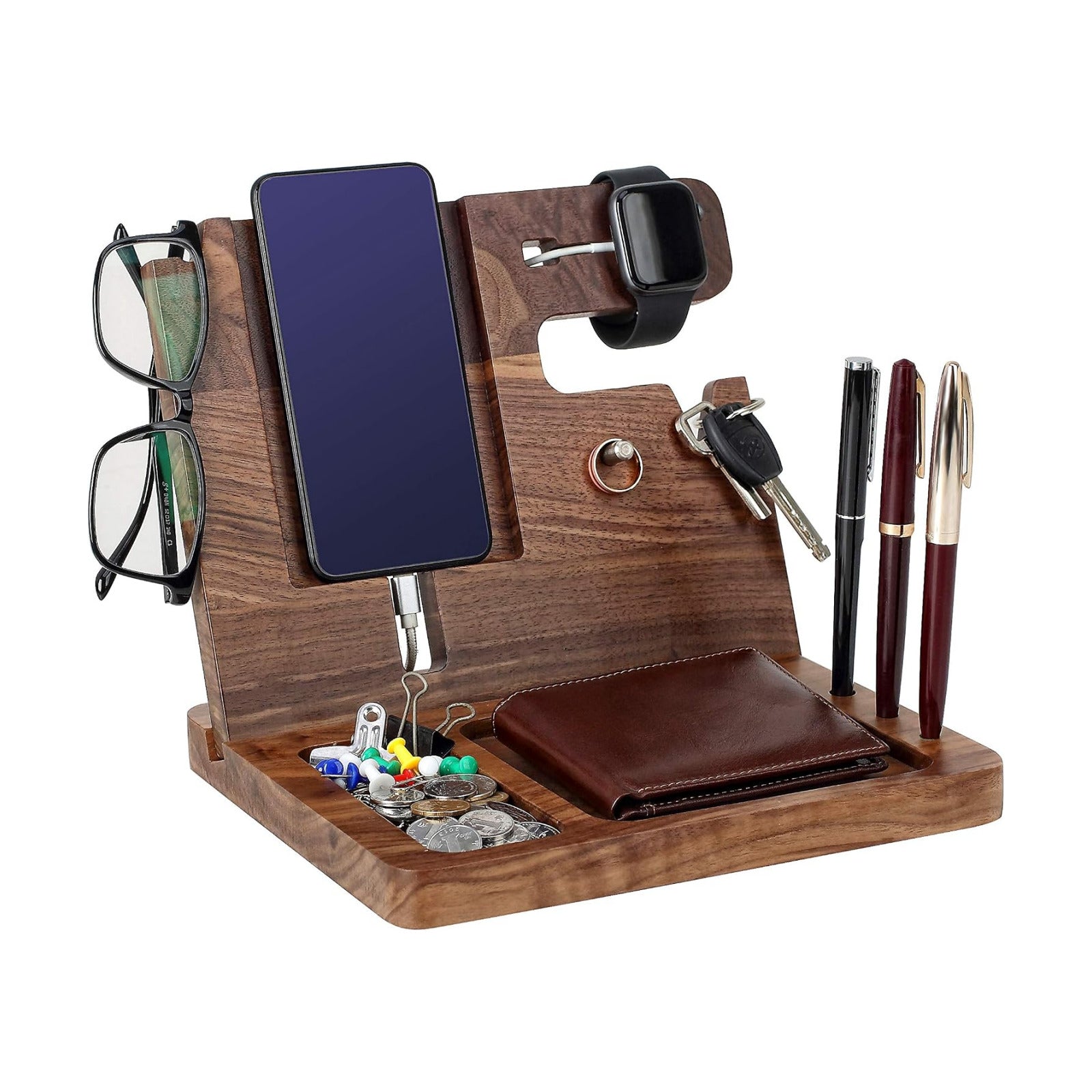 awofer Gifts for Men - Ebony Wood Phone Docking Station - Nightstand with Key Holder, Wallet Stand and Watch Organizer