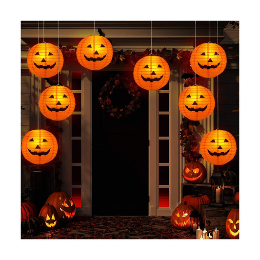 12pc Halloween Jack O Lantern 8inch Halloween Decorations Plastic Pumpkins Pumpkin Hanging Paper Lantern Halloween Indoor Outdoor Party Decoration Supplies