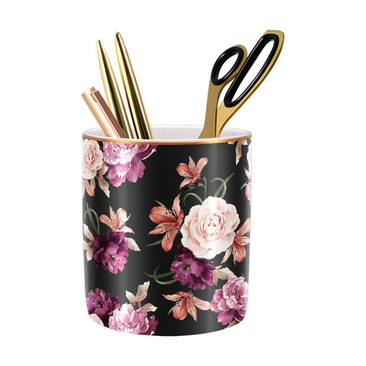 Floral Makeup Brush Holder Durable Ceramic Flower Design Desk Pencil / Black Flower