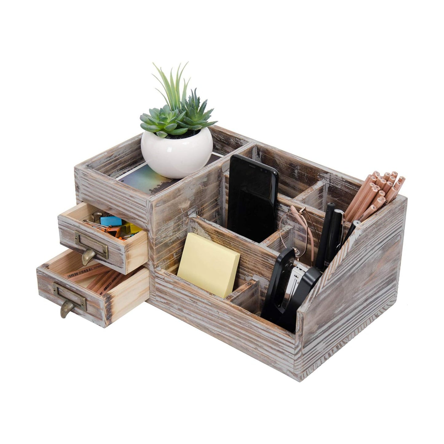 Liry Products Rustic Torched Wooden Desktop Organizer Dark Brown Tabletop Storage Cabinet Stepped Rack Multiple