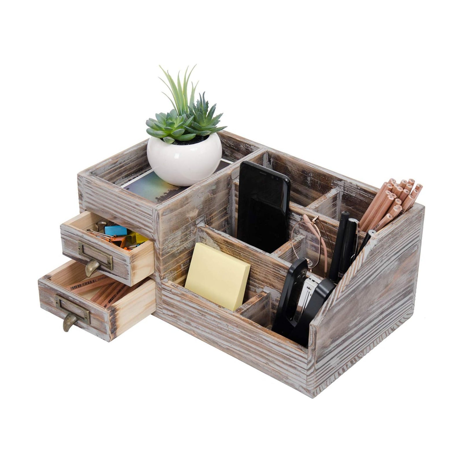 Liry Products Rustic Torched Wooden Desktop Organizer Dark Brown Tabletop Storage Cabinet Stepped Rack Multiple
