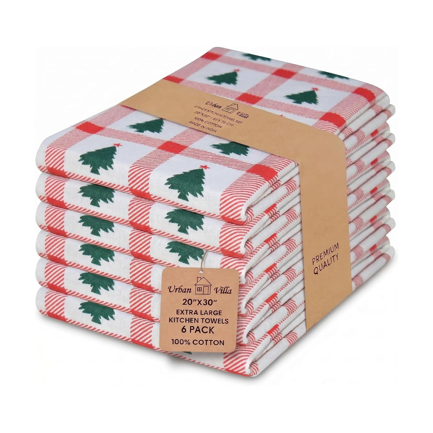 Urban Villa Kitchen Towel Cotton Dish Towel 20”x30” (Set of 6) Christmas Tree