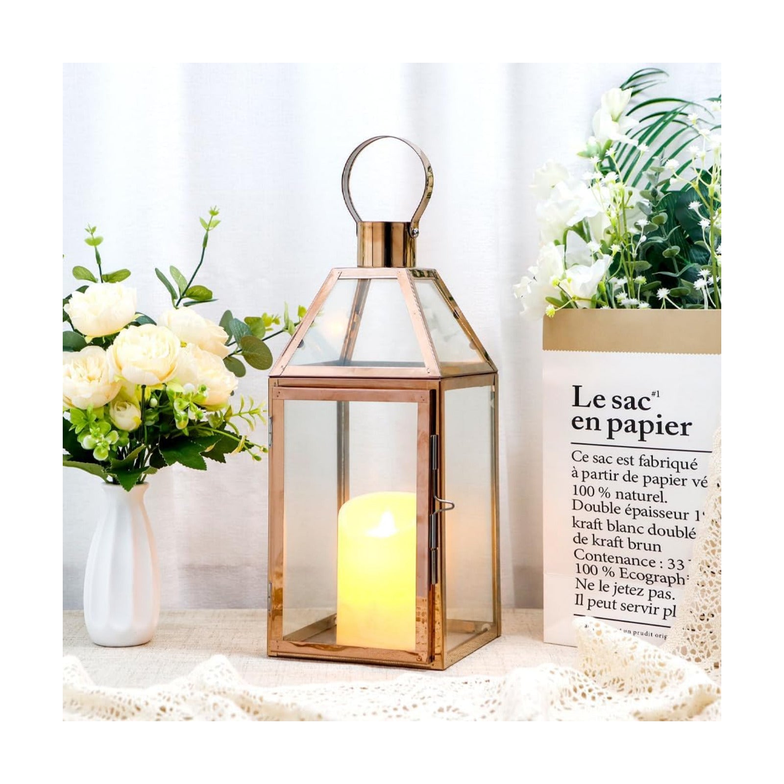 JHY Design Rose Gold Decorative Lanterns 16 inch High Stainless Steel Candle Lanterns with Tempered Glass for Indoor