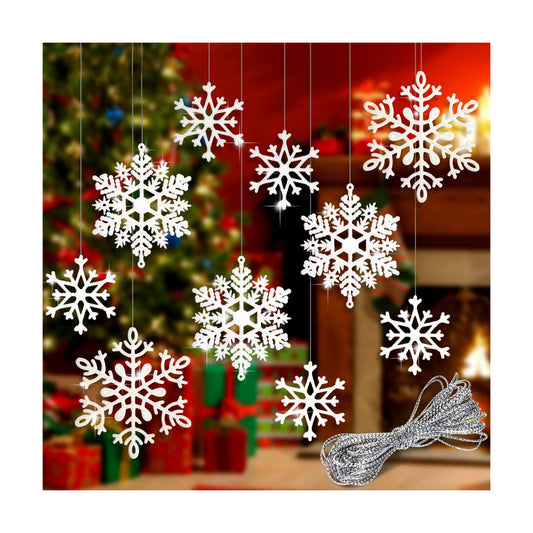 Whaline 40Pcs White Glitter Snowflake Winter Snowflake Ornaments Christmas Hanging Decorations with 197 Inches Silver Rope for Wedding Birthday Home Xmas Tree Window Door Accessories