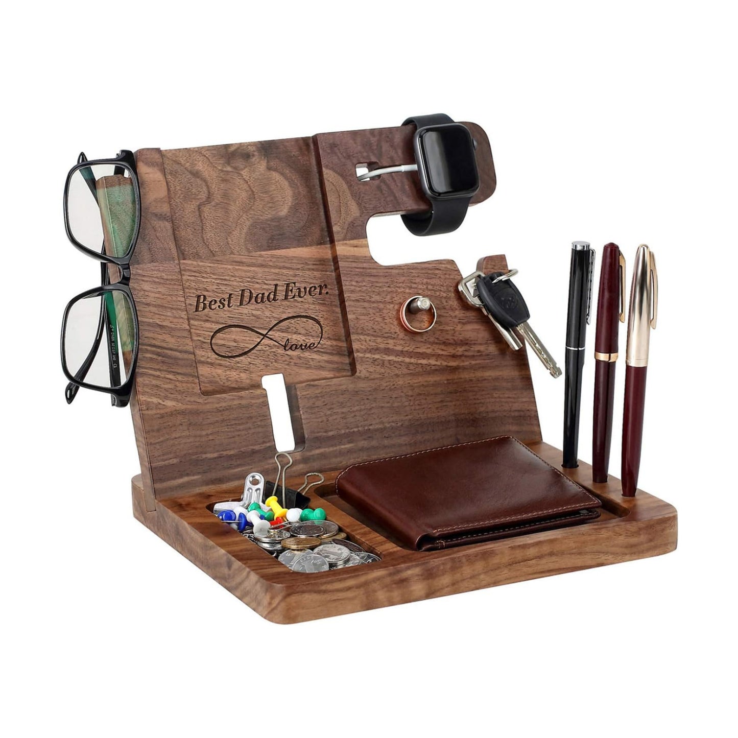 awofer Gifts for Men - Ebony Wood Phone Docking Station - Nightstand with Key Holder, Wallet Stand and Watch Organizer