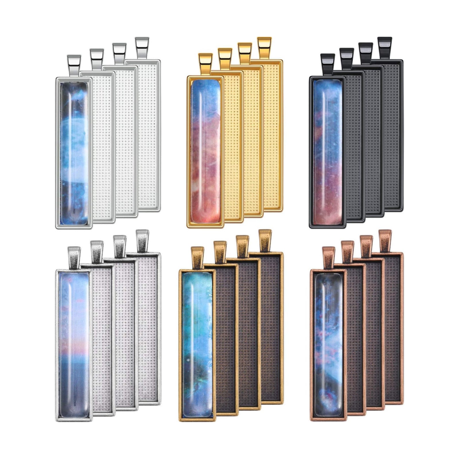 6 Colors Pendant Tray Rectangle Bezel Blanks Set Include 24 Rectangle Pendant / Clear / Set of 48