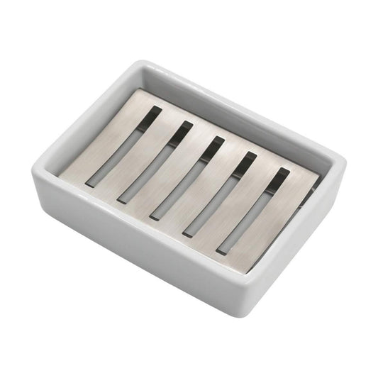 Ceramic Soap Dish Holder Stainless Steel / White