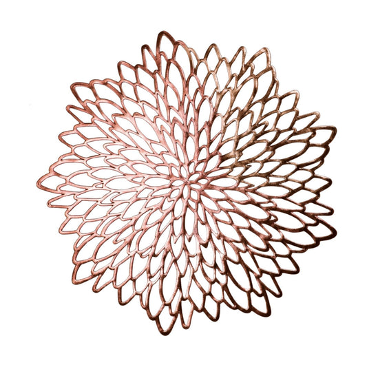 Snowkingdom 6 Pack Rose Gold Placemats Metallic Pressed Vinyl for Mother's Day Table Decoration Dinning Mats Round Floral Charger Plates Bridal Shower Party Birthday Wedding Valentine Christmas