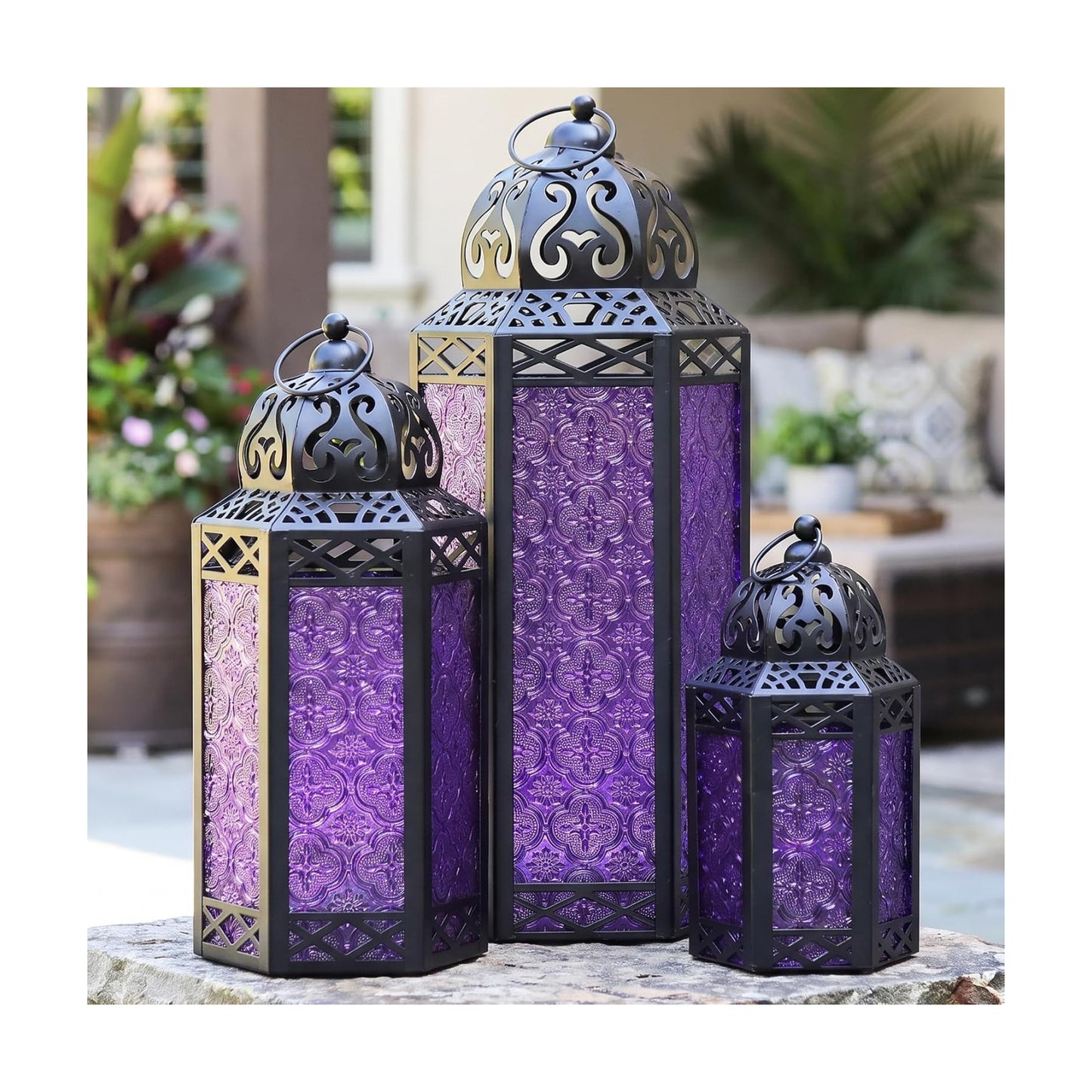 VELA LANTERNS Set of 3 Purple Glass & Black Metal Moroccan Candle Lantern Holders (XL, Large, Small) - Decorative