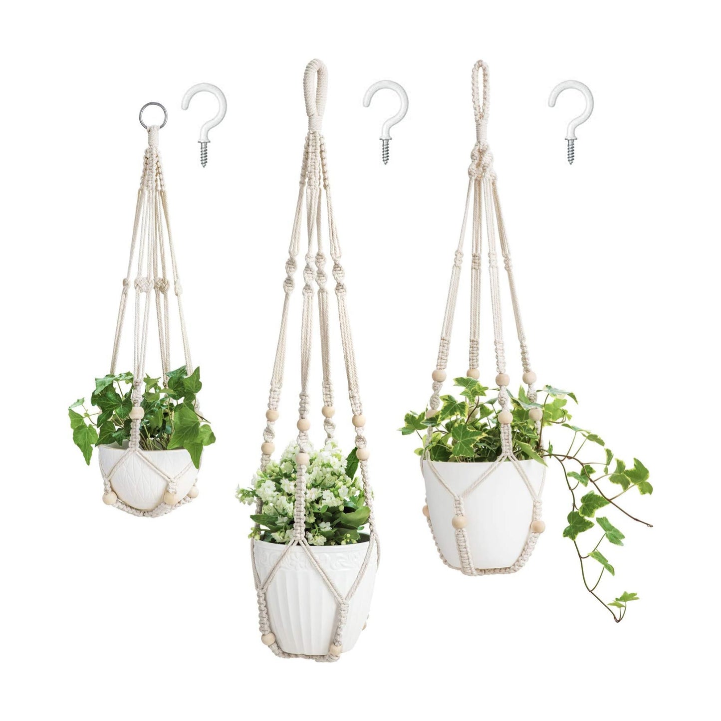 Macrame Plant Hangers Indoor Different Size Hanging Planter Basket / Medium / Ivory / Set of 3