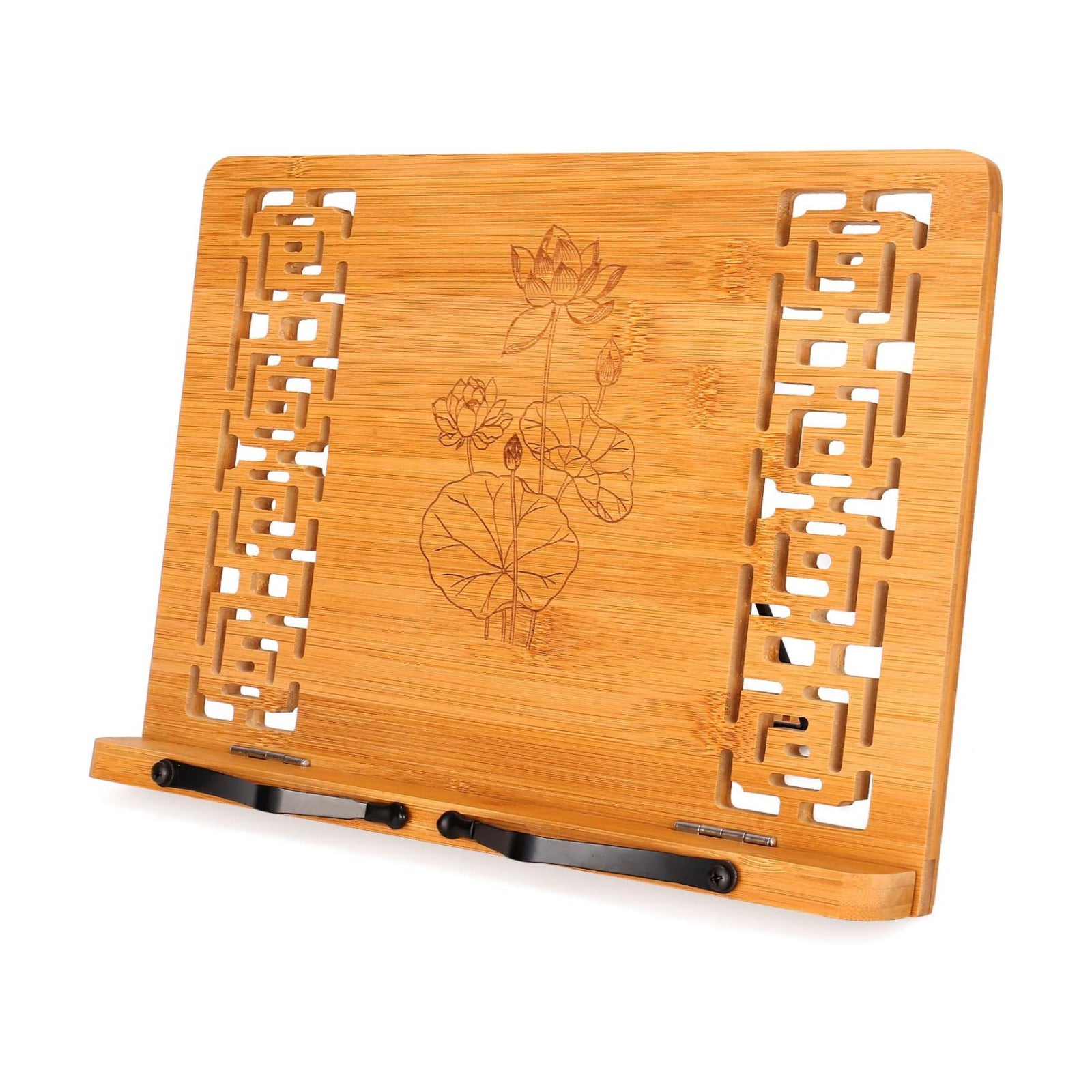 MEGREZ Foldable Bamboo Book Stand Adjustable Cookbook Reading Holder | anti-slip, lightweight, foldable flat storage